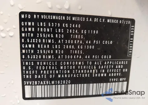 2020 Volkswagen Tiguan 2.0T Se/2.0T Se R-Line Black/2.0T Sel from USA, damaged, VIN 3VV2B7AX9LM162820